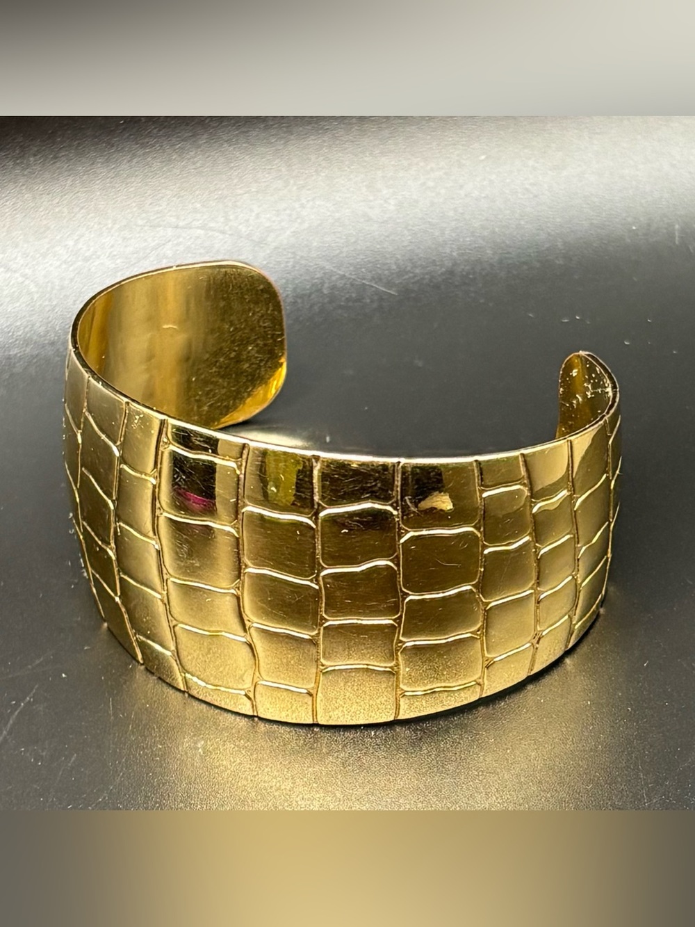 Vintage Gold Tone Wide Cuff Bracelet Embossed Croc Alligator Texture Statement
